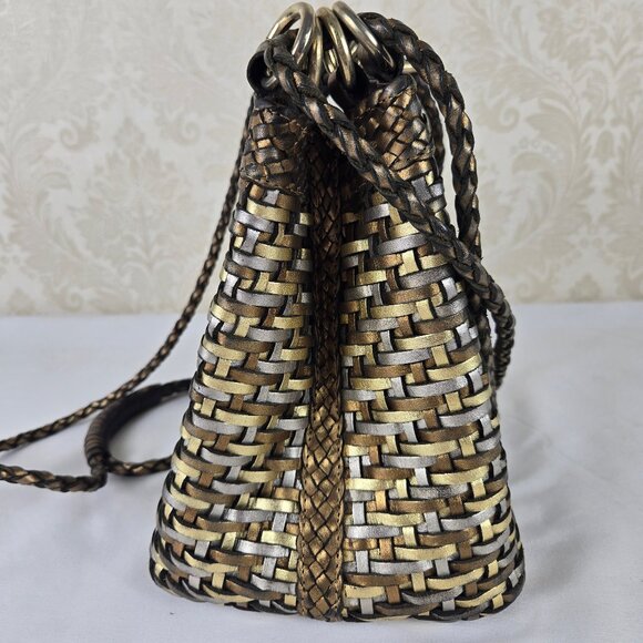 LJS Collection Small Braided Woven Leather Bucket Shoulder Bag Mixed Metallics - Picture 5 of 13